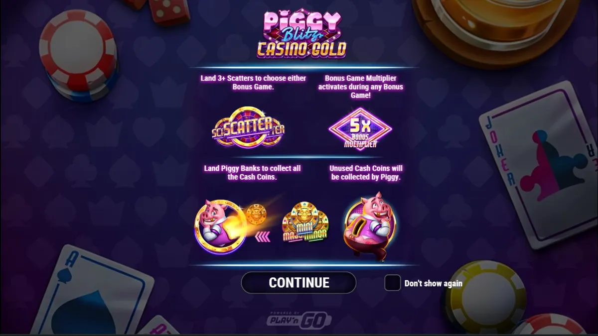 Piggy Blitz Casino Gold slot game interface with neon lights and gold coins