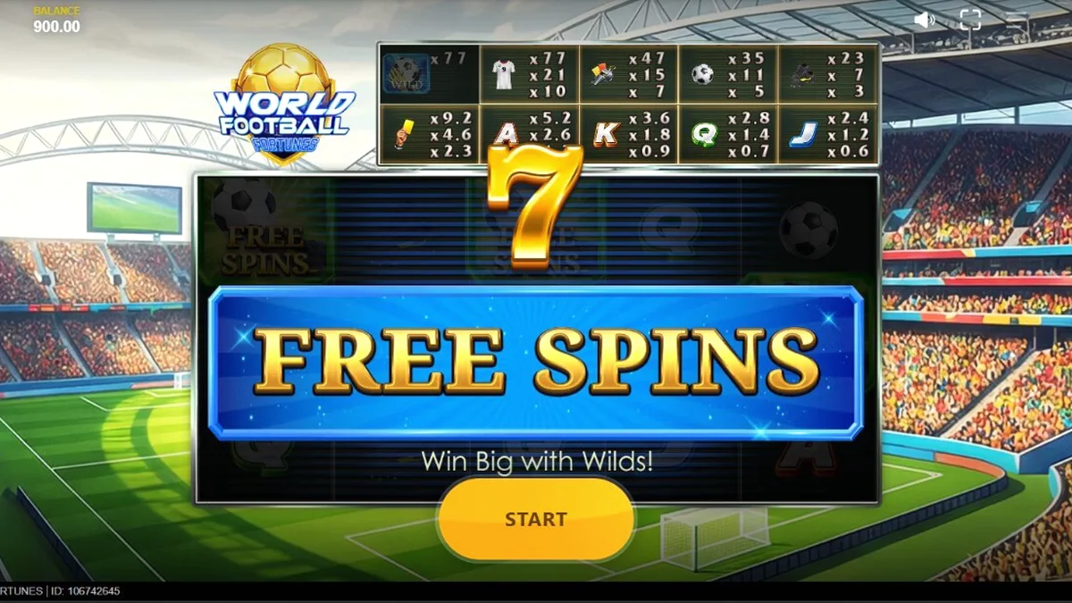 Tampilan visual slot World Football Fortunes dengan tema stadion sepak bola.